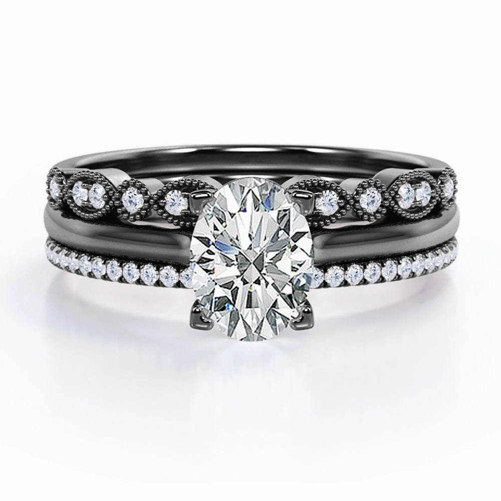 Solitaire 2 Carat Oval Cut Moissanite Art Deco Trio Set Fine Item Polished Style