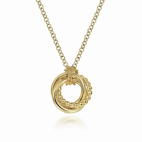 14K Yellow Gold Plain and Bujukan Beaded Interlocking Circles Pendant Necklace Gleaming Charm Brilliant Piece