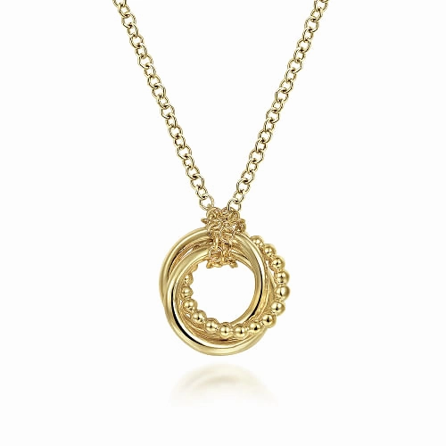 14K Yellow Gold Plain and Bujukan Beaded Interlocking Circles Pendant Necklace Gleaming Charm Brilliant Piece