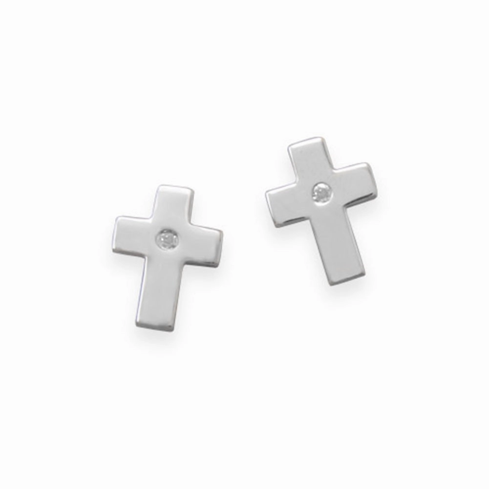 Diamond Cross Stud Post Earrings Rhodium on Sterling Silver - Nontarnish Luxurious Trinket Futuristic item