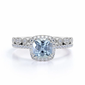 Art Deco 1.75 ct Cushion Aquamarine Halo Wedding Ring Set fixed size Durable Craft