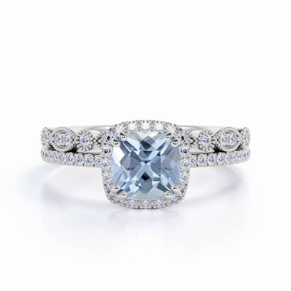 Art Deco 1.75 ct Cushion Aquamarine Halo Wedding Ring Set fixed size Durable Craft