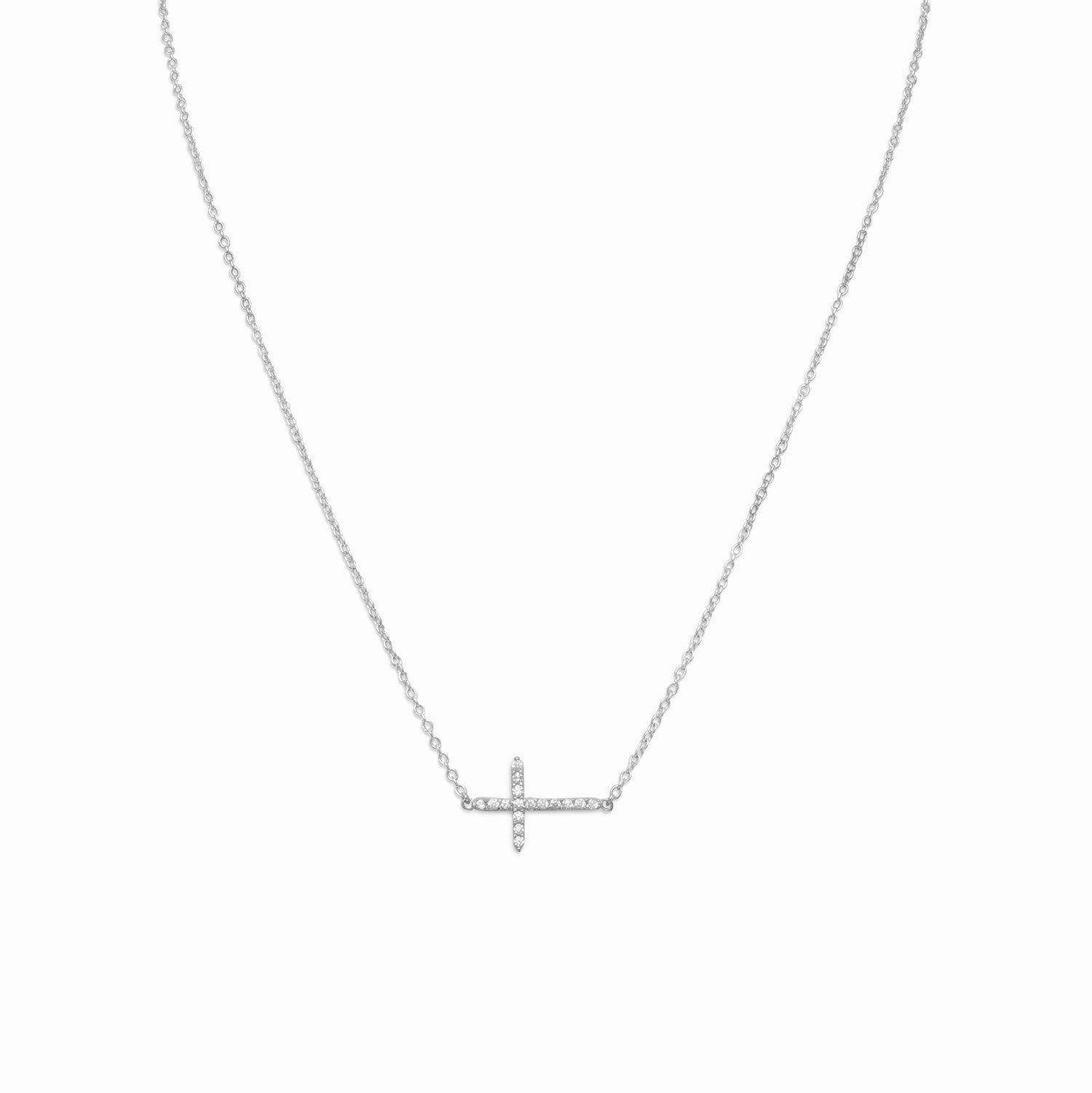Side Set Cross Necklace with Sparkling Cubic Zirconia Rhodium on Sterling Silver - Nontarnish Teacher Present Casual Look