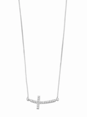 Artistic Piece Gleaming Accent Sideways Cross Necklace with Genuine Diamonds Rhodium on Sterling Silver - Nontarnish