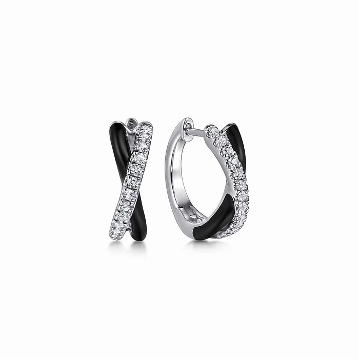 Enamel - 925 Sterling Silver White Sapphire Huggies  Black Enamel Romantic Event