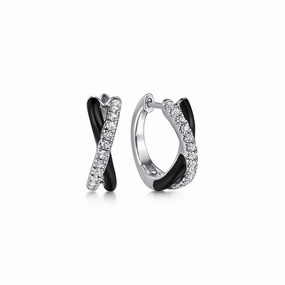Enamel - 925 Sterling Silver White Sapphire Huggies  Black Enamel Romantic Event