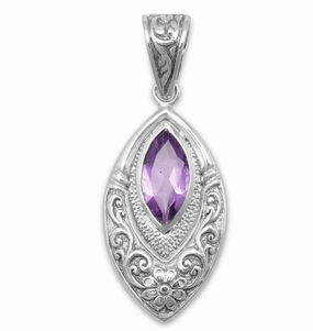 Amethyst Marquise Necklace Flower and Ribbon Design Antiqued Sterling Silver Marvelous Accessory Gift Highlight