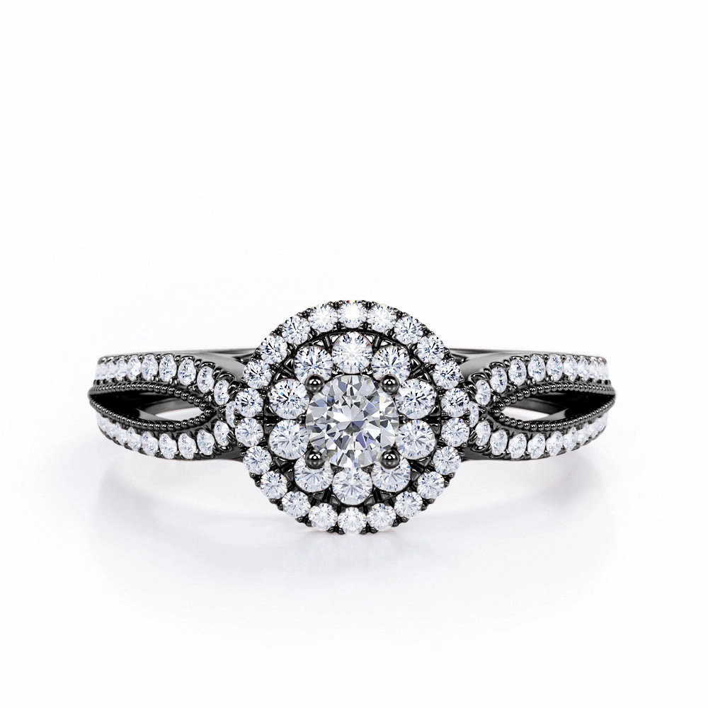 Contemporary Jewelry Octagonal Look Double Halo Cluster 0.5 TCW Round-Shaped Diamond Split-Shanked Milgrain Pave Engagement Ring in 10K White Gold