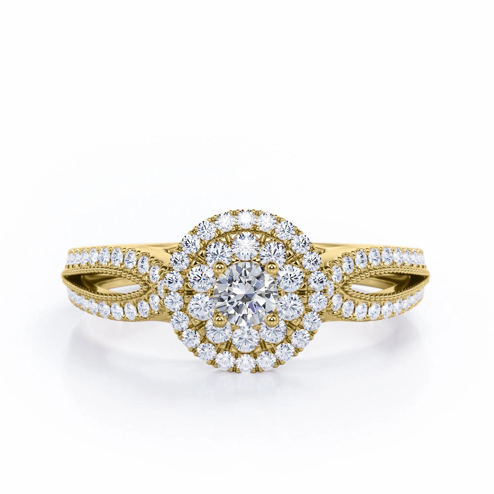 Vintage Token Double Halo Cluster 0.5 TCW Round-Shaped Diamond Split-Shanked Milgrain Pave Engagement Ring in 10K White Gold