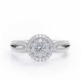 Double Halo Cluster 0.5 TCW Round-Shaped Diamond Split-Shanked Milgrain Pave Engagement Ring in 10K White Gold exquisite design