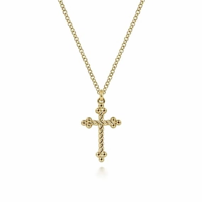 14K Yellow Gold Bujukan Twisted Rope Cross Pendant Necklace Minimal Fashion Glam Mode