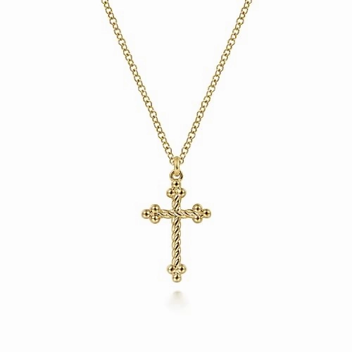 14K Yellow Gold Bujukan Twisted Rope Cross Pendant Necklace Minimal Fashion Glam Mode