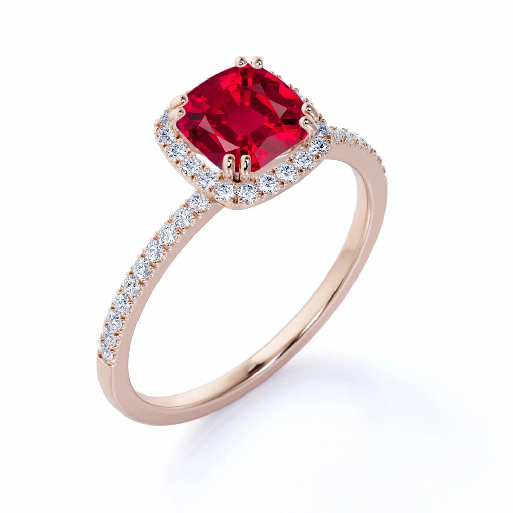 Glam Choice Halo 1.25 ct Cushion Lab-Created Ruby Pave Engagement Ring