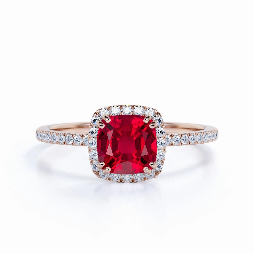 Halo 1.25 ct Cushion Lab-Created Ruby Pave Engagement Ring Chic Set