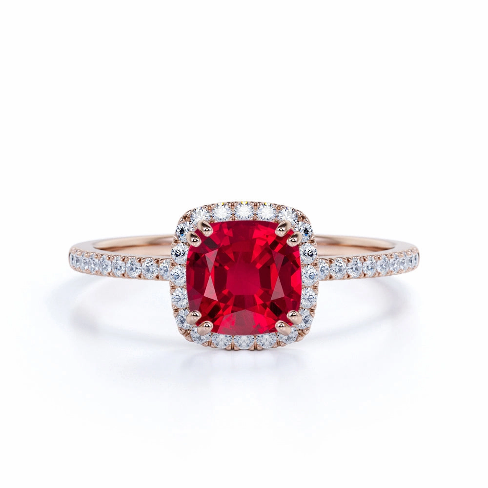 Luxurious Look Beloved Gift Halo 1.25 ct Cushion Lab-Created Ruby Pave Engagement Ring