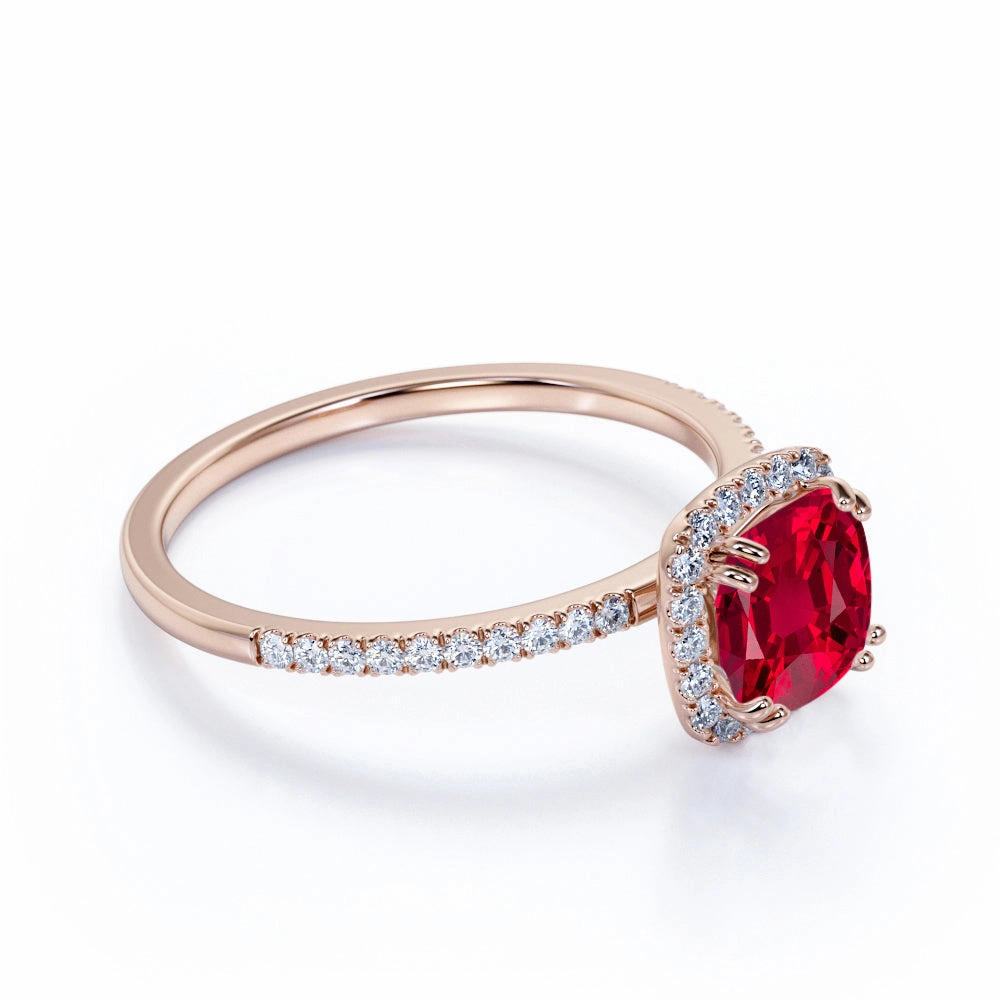 Halo 1.25 ct Cushion Lab-Created Ruby Pave Engagement Ring Minimal Texture Glam Touch