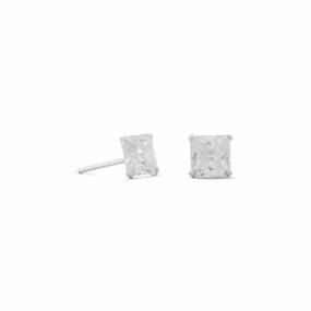Princess Square Cubic Zirconia Post Stud Earrings 6mm Sterling Silver Trendy Item