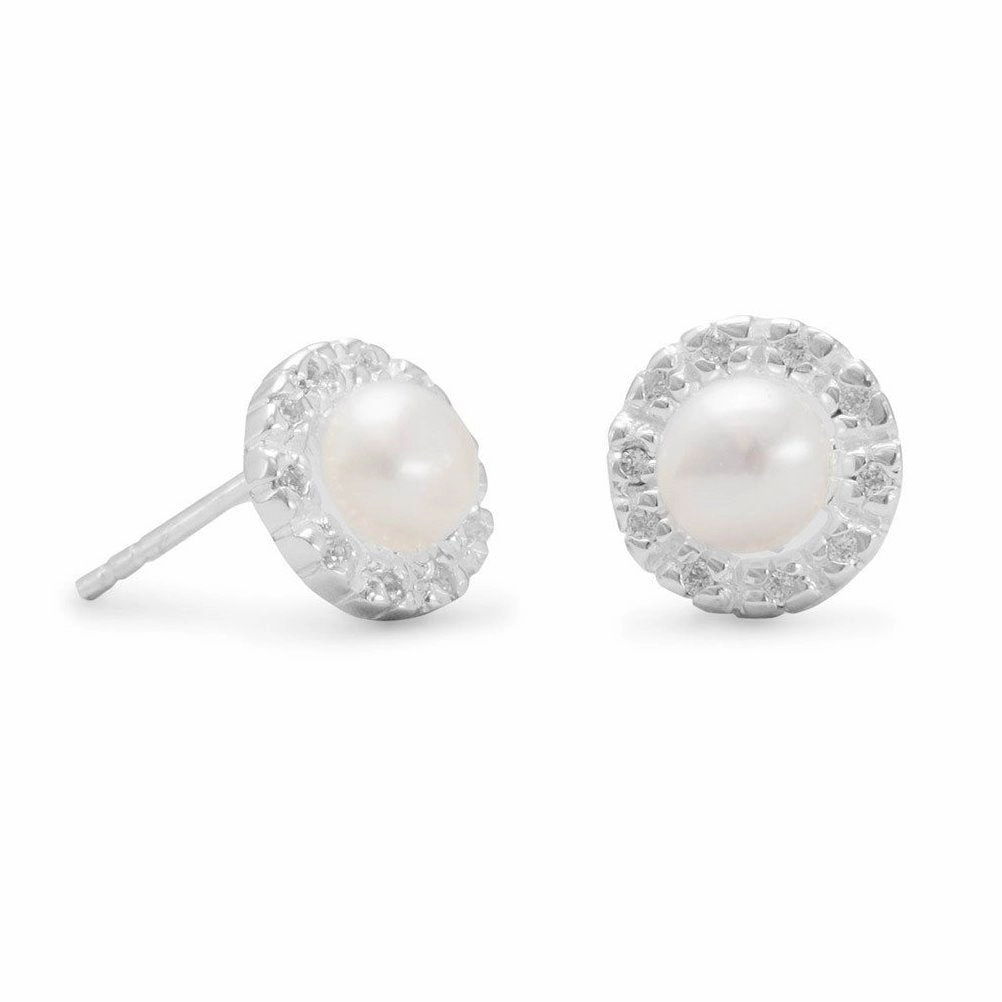 Square Accessory White Cultured Freshwater Pearl Stud Earrings with CZ Halo Sterling Silver
