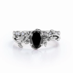 Nature Inspired Premium Choice 1.25 ct Oval Lab Black Diamond Vintage Leaf Bridal Set
