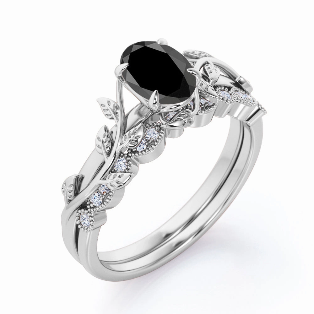 Modern Decoration Sophisticated Design 1.25 ct Oval Lab Black Diamond Vintage Leaf Bridal Set