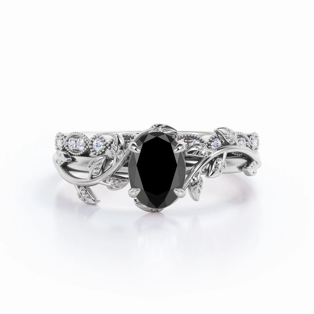 Light Feel 1.25 ct Oval Lab Black Diamond Vintage Leaf Bridal Set