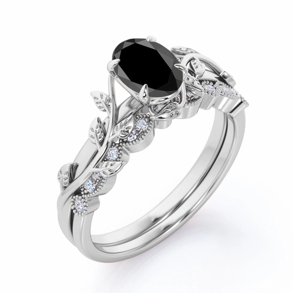 Fashion Focus Daily Motion 1.25 ct Oval Lab Black Diamond Vintage Leaf Bridal Set