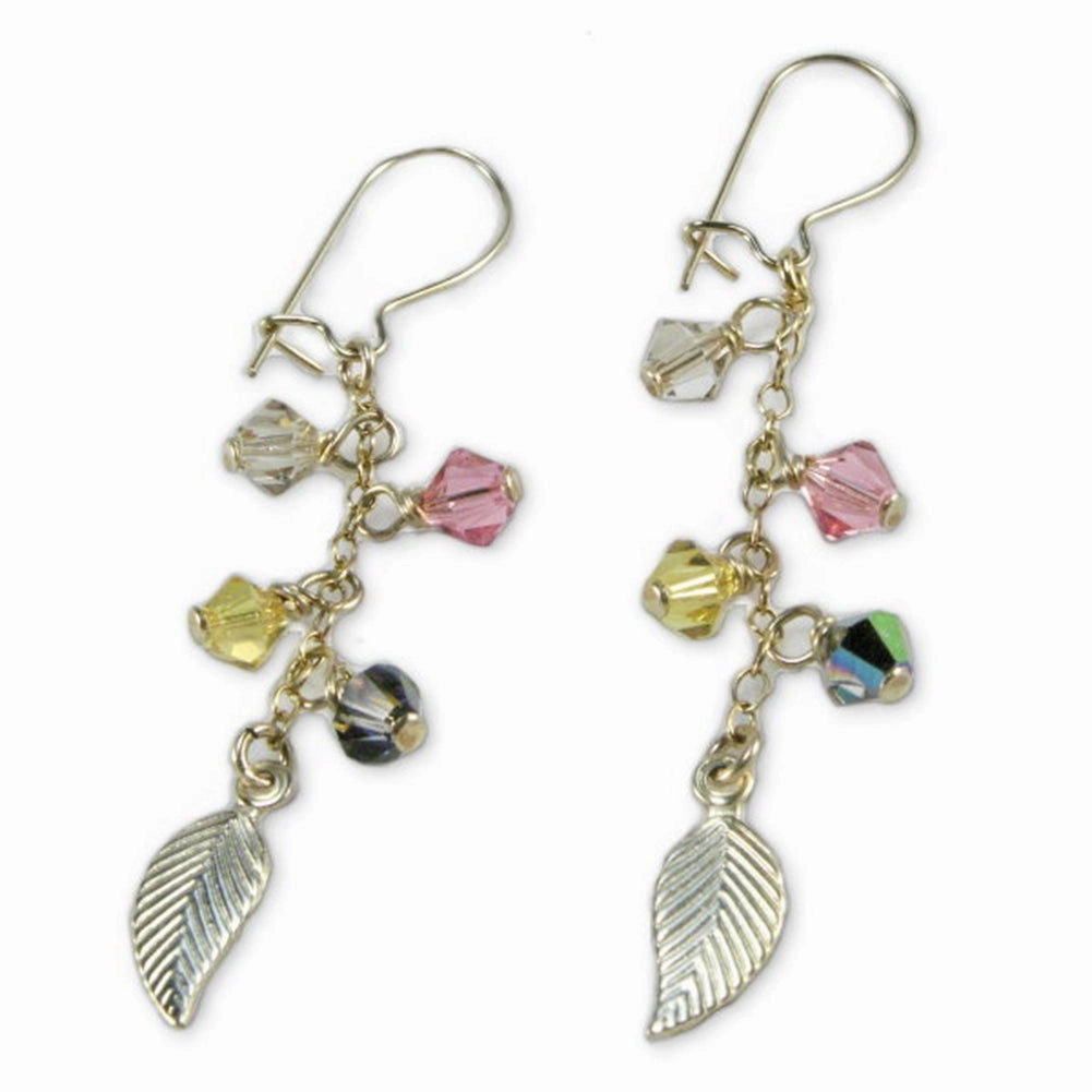 14K Yellow Gold-filled Leaf Earrings with Multicolor Swarovski(R) Crystals Comfortable Finish