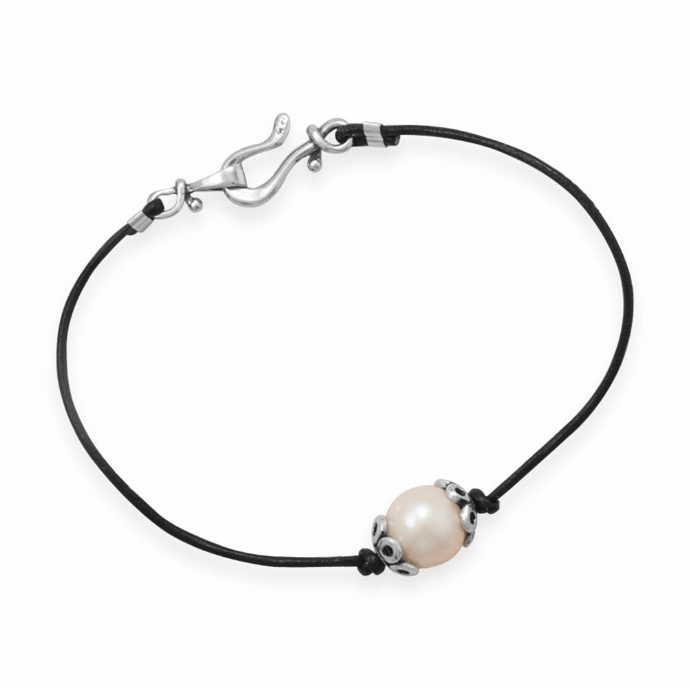 Single Cultured White Pearl Bracelet on Black Leather Cord with Easy Hook Clasp Total Composites Snug Fit