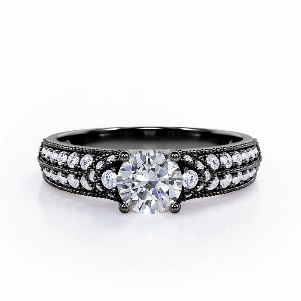 Simple Four Prong 0.75 Carat Round Cut Diamond Vintage Milgrain Multi Row Engagement Ring In Rose Gold Hypoallergenic Jewelry Strong Design