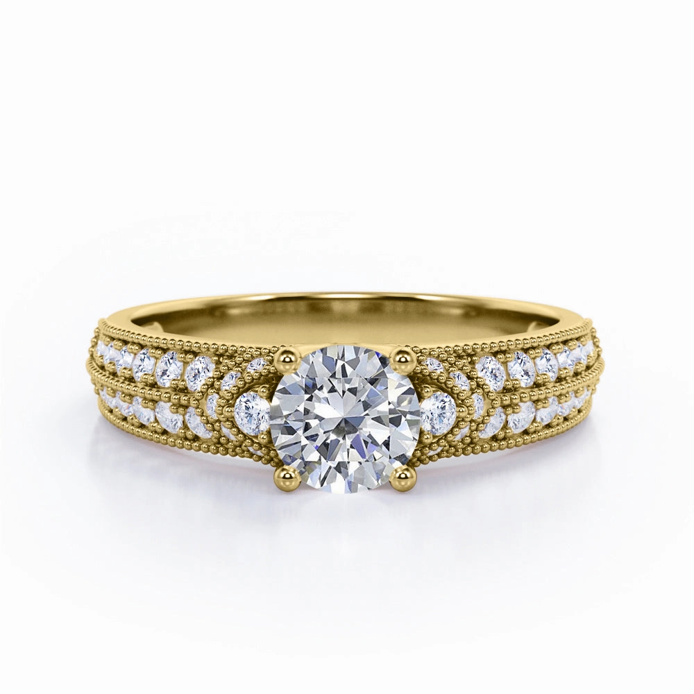 Low key style Simple Four Prong 0.75 Carat Round Cut Diamond Vintage Milgrain Multi Row Engagement Ring In Rose Gold