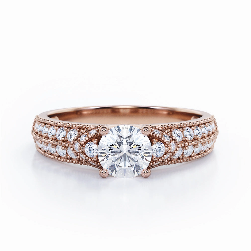 Simple Four Prong 0.75 Carat Round Cut Diamond Vintage Milgrain Multi Row Engagement Ring In Rose Gold Timeless Style