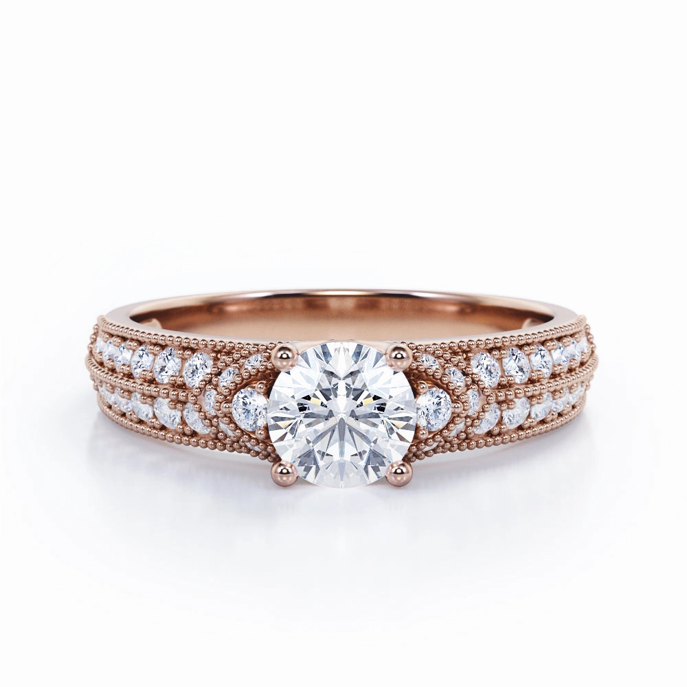 Solar powered Glossy Look Simple Four Prong 0.75 Carat Round Cut Diamond Vintage Milgrain Multi Row Engagement Ring In Rose Gold