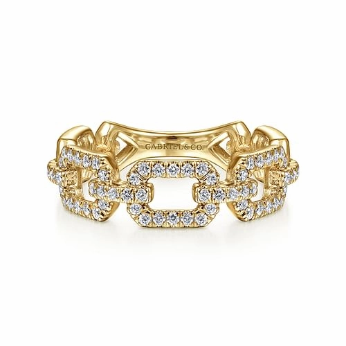 Refined Lines Luxury Form 14K Yellow Gold Pave Diamond Chain Link Stackable Ring Band
