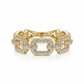 Refined Lines Luxury Form 14K Yellow Gold Pave Diamond Chain Link Stackable Ring Band