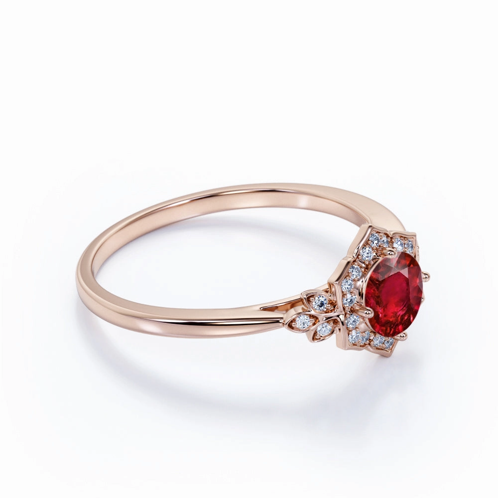 Antique Leaf 1.20 ct Round Lab-Created Ruby Engagement Ring Excellent Expression Graceful Gift