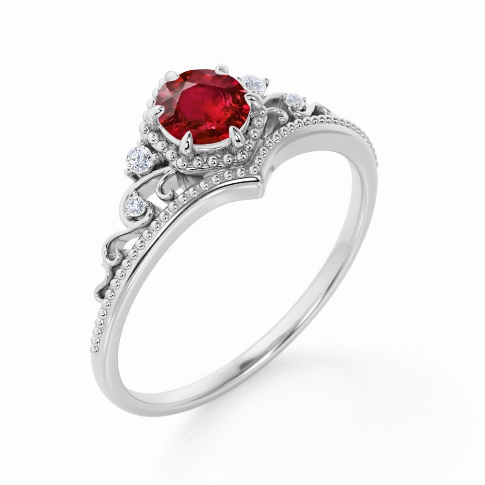 Refined Detail Beautiful Trinket Artisan 0.75 ct Round Lab-Created Ruby Art Deco Engagement Ring