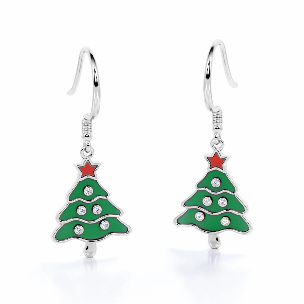 Graceful Embellishment Luxurious Decor Christmas Tree Diamond Enamel Wire Hook Earrings in 18K White Gold Plating over Silver