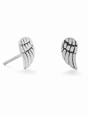 Abstract Piece Small Angel Wing Post Stud Earrings Antiqued Sterling Silver