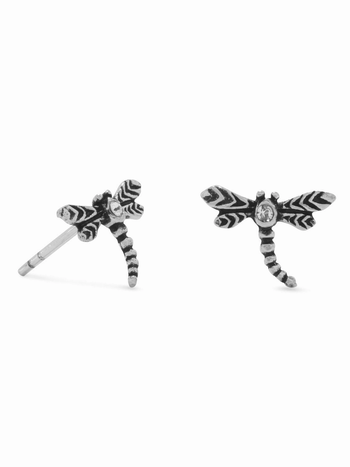 Small Dragonfly Post Stud Earrings with Clear Crystal Accents Sterling Silver Chic Ornament