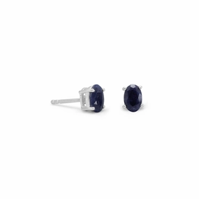 Radiant Appearance Trendy Essential Small Oval Dyed Blue Corundum Post Stud Earrings Sterling Silver