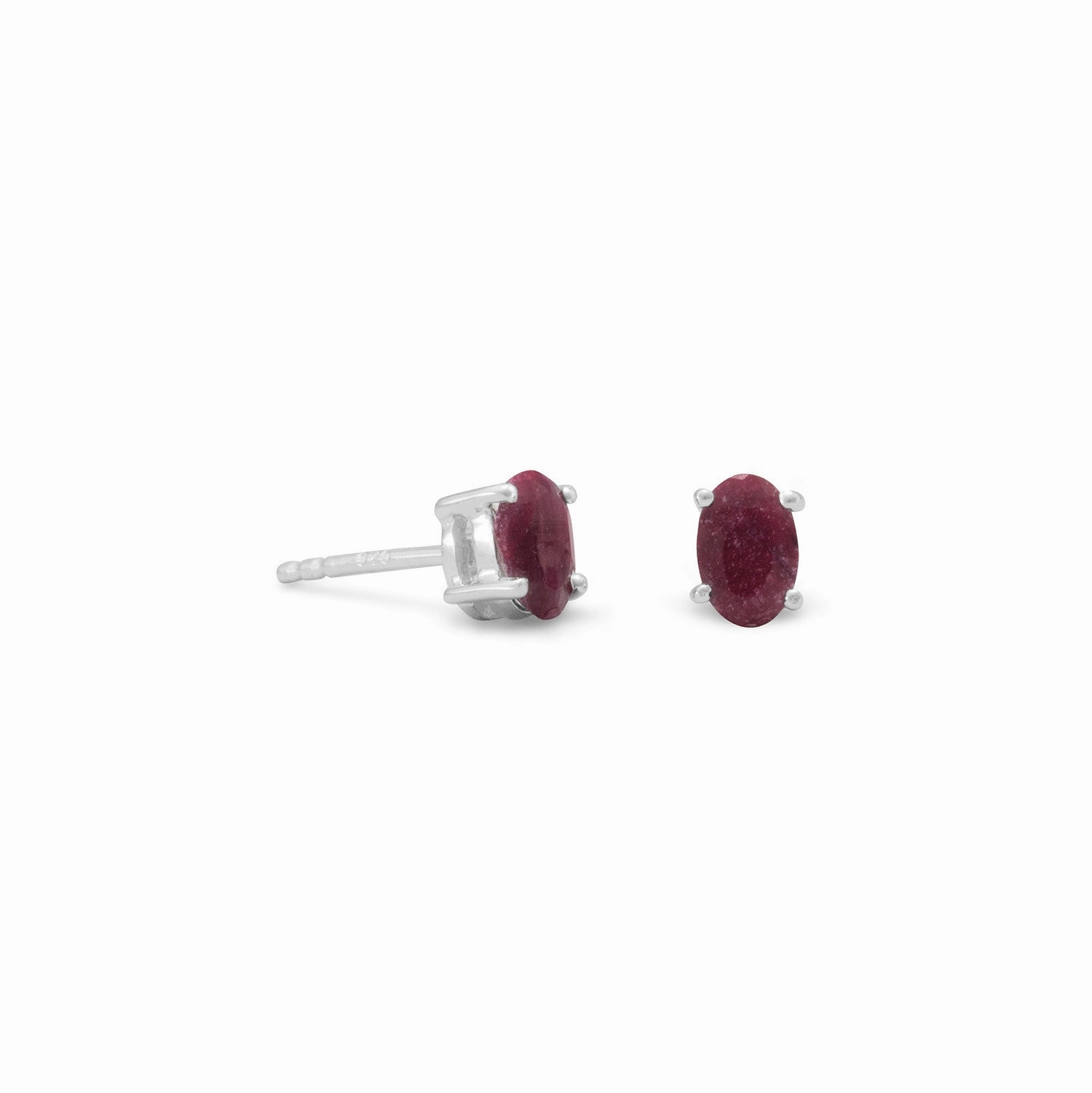 Small Oval Dyed Red Corundum Post Stud Earrings Sterling Silver Glittery Accessory Attractive Detail
