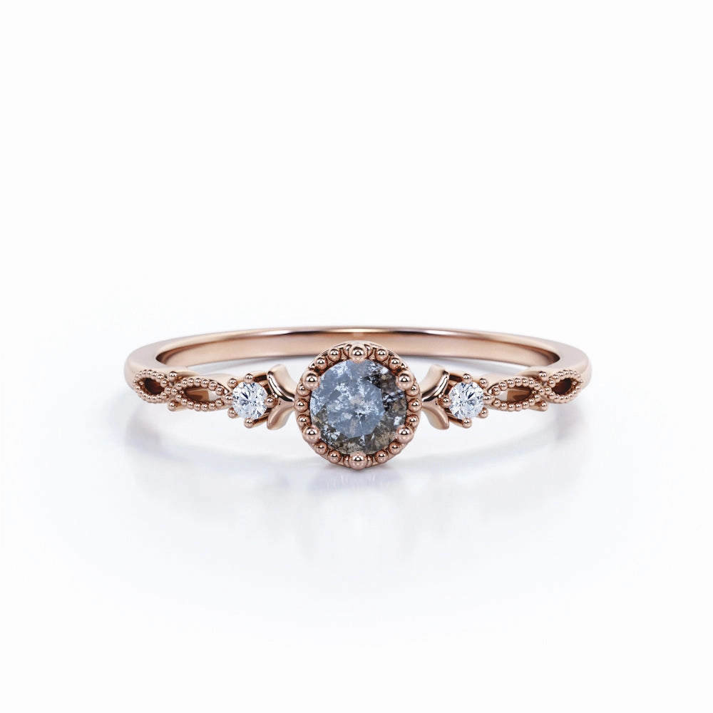 Three Stone 0.60 Ct Round Salt and Pepper Diamond Engagement Ring fashion lover