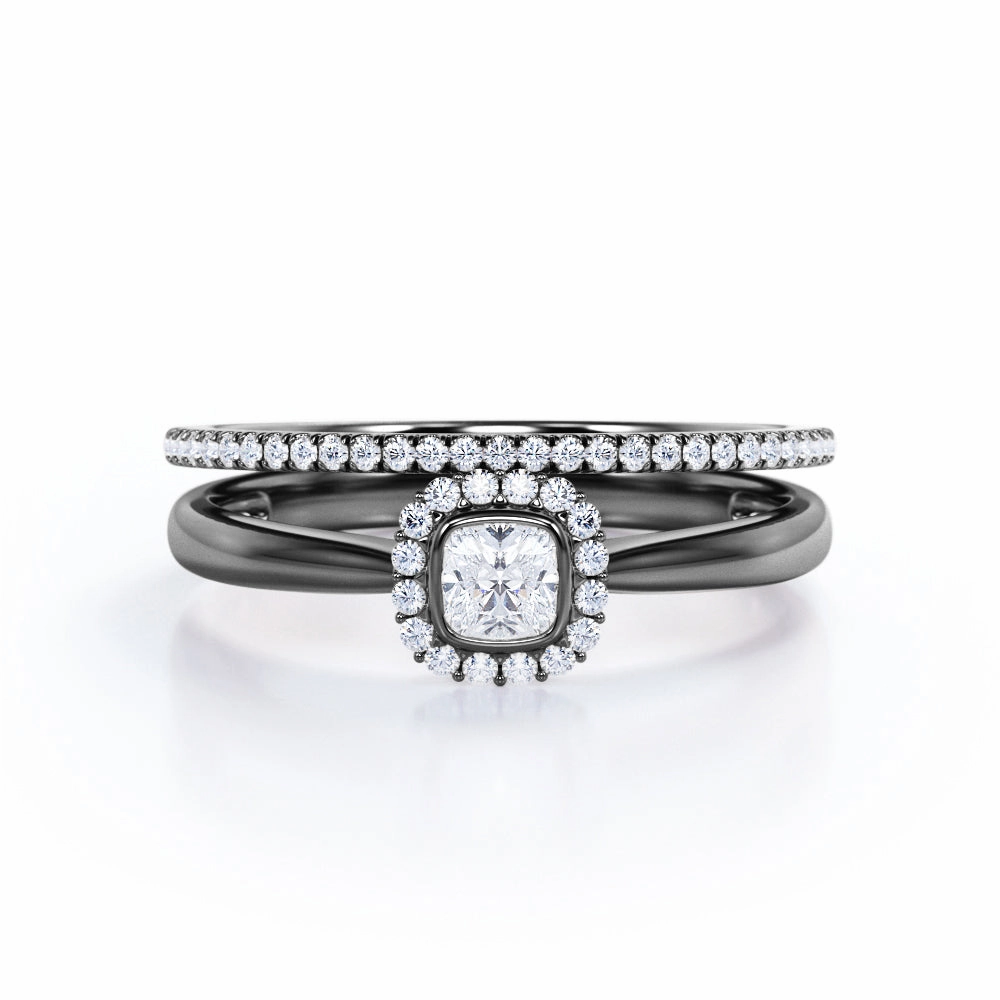 Bezel Halo - 0.5 TCW Princess Cut Diamond - Scalloped Pave Wedding Set - 10K White Gold Iconic Accessory