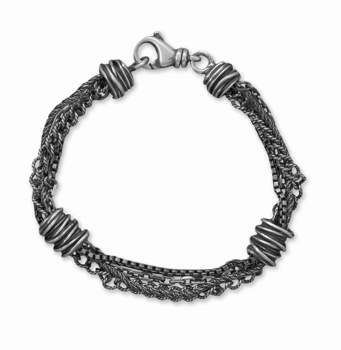 Layered Bracelet with Box, Cable, Curb, and Rope Chains Oxidized Sterling Silver Ceaseless Perspective Friendship Token
