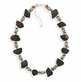 Smoky Quartz, Reconstituted Turquoise and Baltic Amber Necklace Sterling Silver - Made in the USA daily accessory Moment Accessory