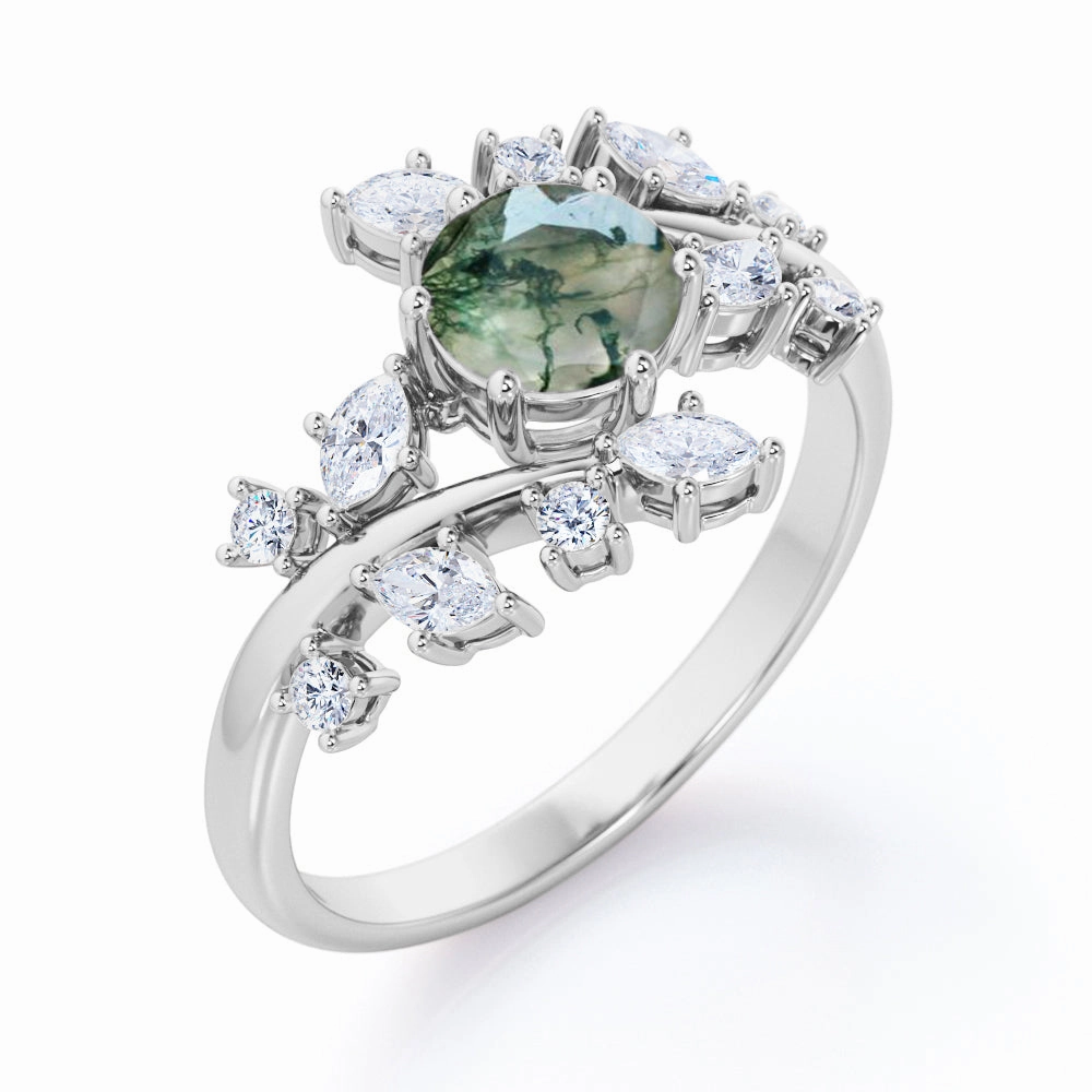 Strong Craft Work Friendly Floral 0.6 Ct Round Cut Green Moss Agate Engagement Ring