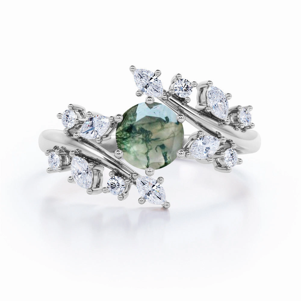 DIY Maintenance Floral 0.6 Ct Round Cut Green Moss Agate Engagement Ring