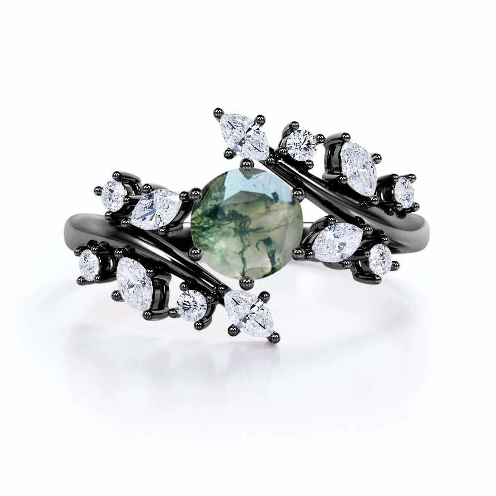 Strong Construction Couple Matching Floral 0.6 Ct Round Cut Green Moss Agate Engagement Ring