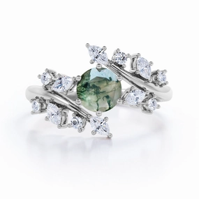 Polished Present Custom Insignia Floral 0.6 Ct Round Cut Green Moss Agate Engagement Ring