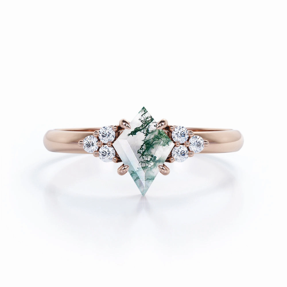 Plated Finish Premium Symbol Clustered Triangle 1 Ct Kite Moss Agate Engagement Ring